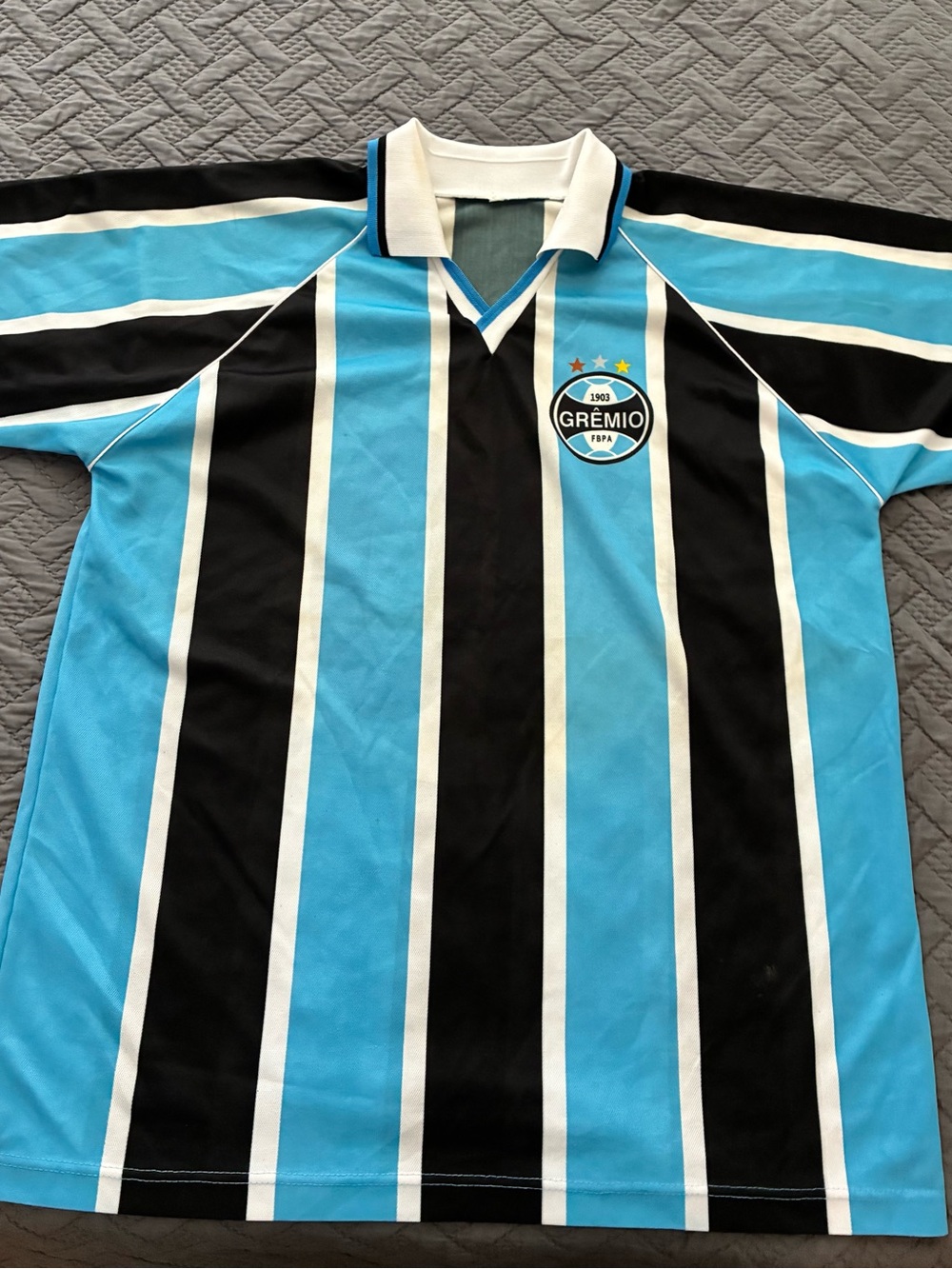 Vintage Grêmio Blue Black White Striped Soccer Jersey